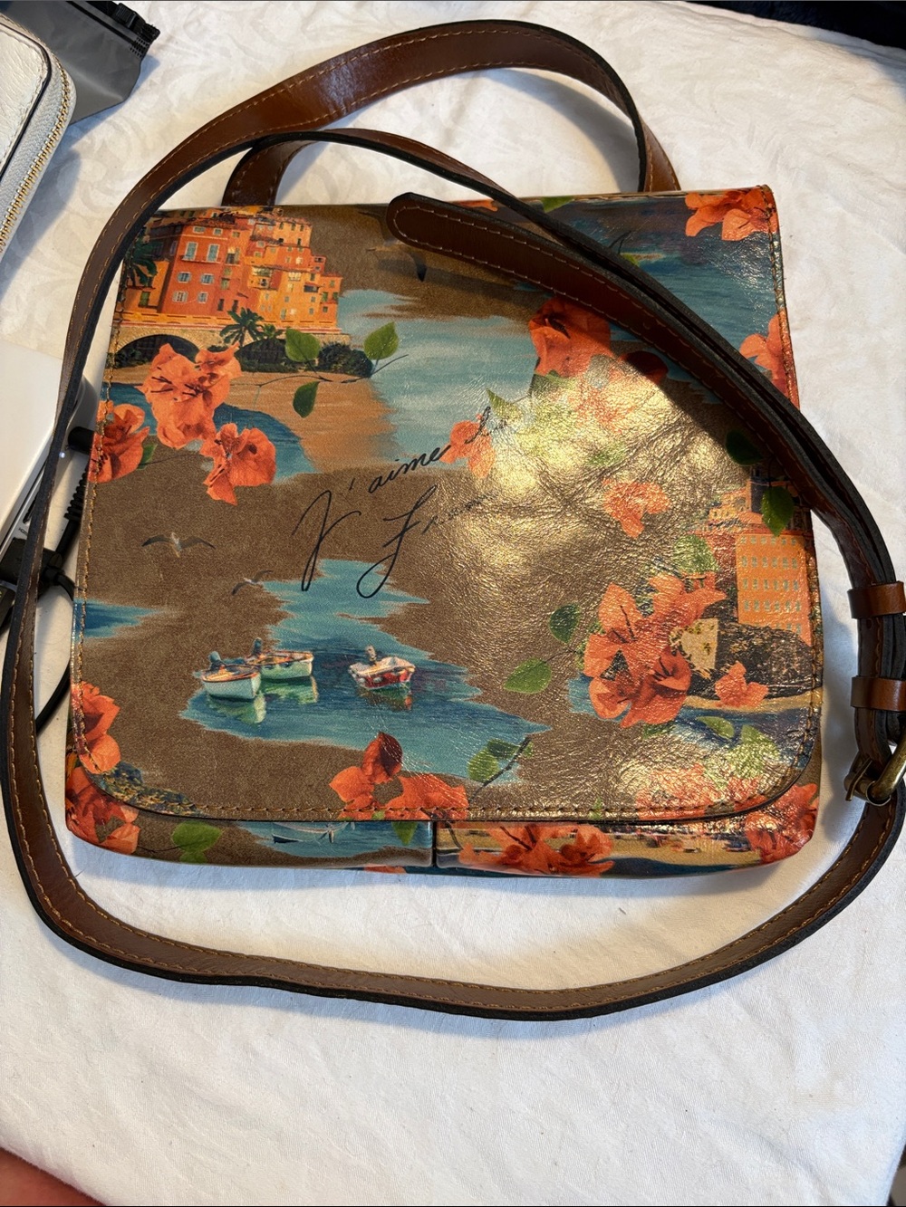 Patricia Nash Brown Granada Floral Coastal Print Crossbody with Orange Accents
